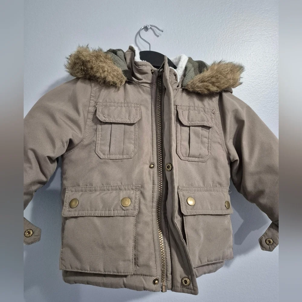 Carter's Tan and Blue Winter Parka with Faux Fur Hood